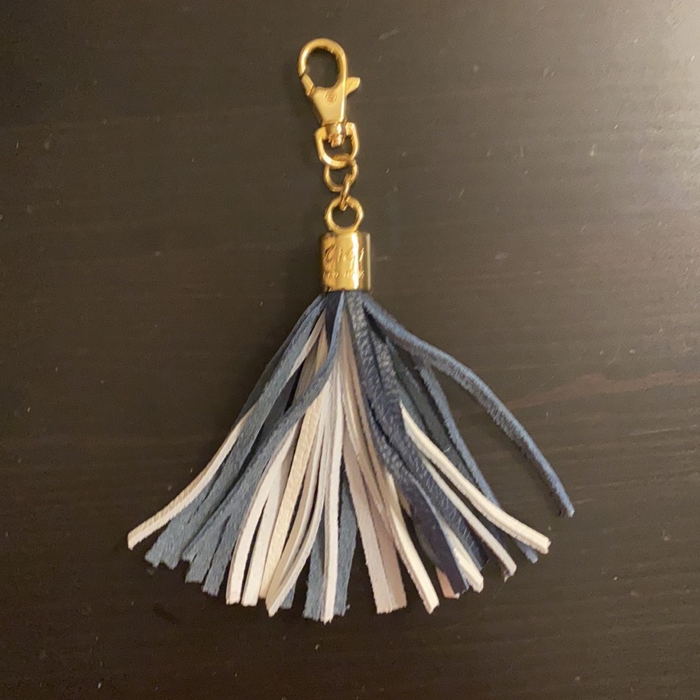 GiGi New York Blue White Leather Tassel Bag Charm Keychain NWT